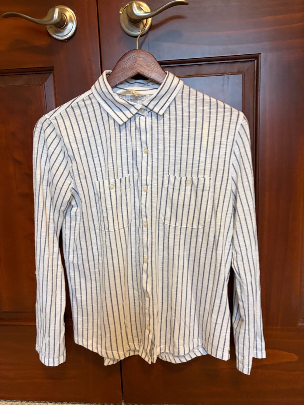 Lucky Brand White Button-Up Long Sleeve Shirt with Navy Stripes